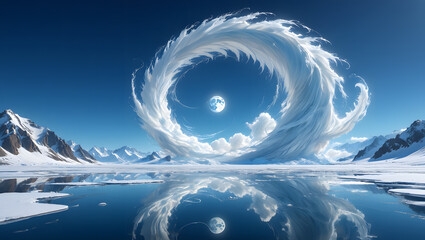 Surreal arctic landscape with a vortex in the sky, reflecting on the icy water, creating a breathtaking and otherworldly winter scene