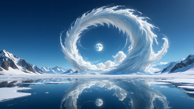 Surreal arctic landscape with a vortex in the sky, reflecting on the icy water, creating a breathtaking and otherworldly winter scene
