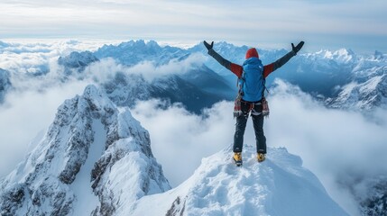 Adventurous hiker standing on snowy mountain peak with arms raised celebrating victory in high altitude landscape covered in clouds and rugged snow-capped mountains
