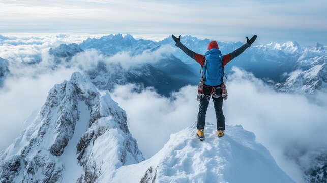 Adventurous hiker standing on snowy mountain peak with arms raised celebrating victory in high altitude landscape covered in clouds and rugged snow-capped mountains