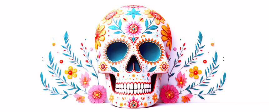 A dream-like boho and gothic tribute to Day of the Dead heritage. Intricate Floral Adornments on a Colorful Sugar Skull Art Piece
