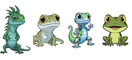 Fototapeta premium Cute cartoon reptiles and amphibian characters pose. Whimsical mascot animals, fantasy illustration, nature, wildlife, cartoon animal, lizard, frog, amphibian.