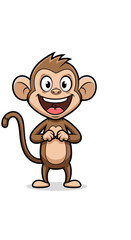 Obraz premium Cartoon monkey smiles with hands together. Cheerful primate, animal character, happy, cute, playful, friendly.