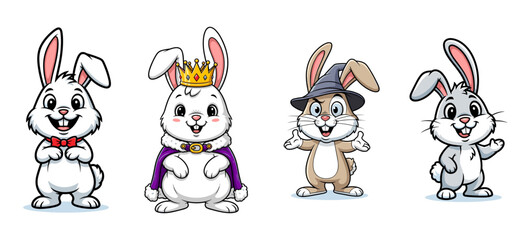 Fototapeta premium Cartoon rabbits pose in costume. Fun, animals, character design, mascot, illustration, cute, furry, king, wizard, friendly, happy, bow tie