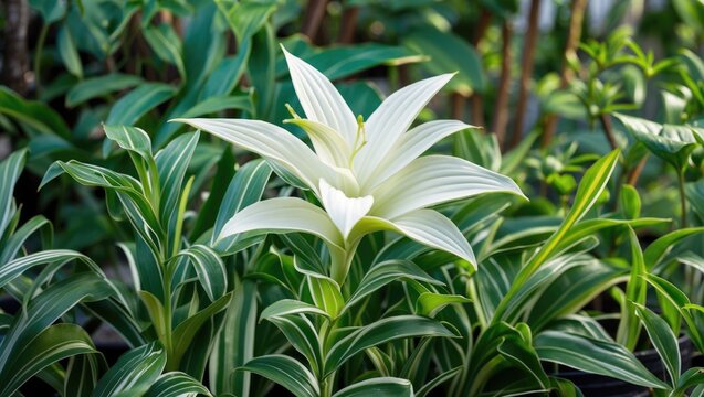 Green plants encircle a white blossom in this scene