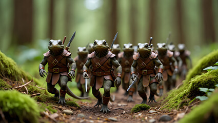 A determined frog army marches through a lush green forest, ready for battle and adventure, showcasing their courage and strength