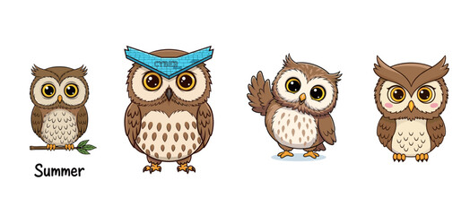 Fototapeta premium Cartoon owls, cute characters. Cyber, summer, bird, adorable, cartoon, cheerful, feathered friends