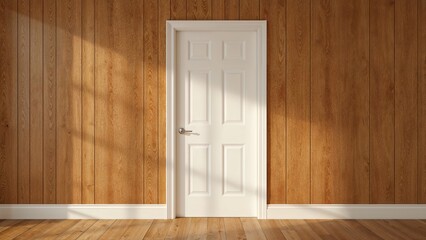 White door with paneling closed on rustic wooden wall, free space for writing. Retro-style interior architecture