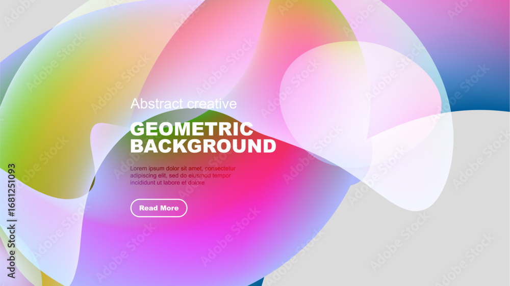 Poster abstract colorful shapes overlap black background. text promotes geometric design, includes call to 