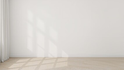 Simple and clean room background with white plaster wall, beige stone floor or tabletop, linen curtains, refined sustainable interior design, open space for text