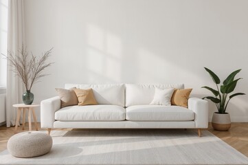 Modern living room with white sofa and Scandinavian decor