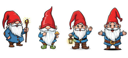 Cartoon gnomes with red hats pose. Fantasy, whimsical, fairytale, magic, character design, cheerful, happy, garden, decoration, art, illustration.