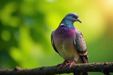 Fototapeta premium Wood pigeon perched on branch, sunlight dappled feathers, sky, avian, bird photography