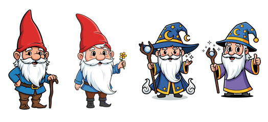 Fototapeta premium Cartoon gnomes and wizards, colorful and cute. Fantasy characters, fairytale, magic, wizardry, whimsical