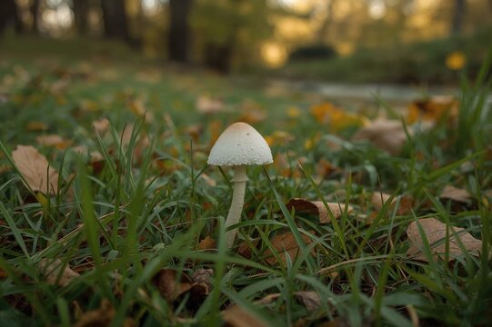 White fungus growing in woodland with soft-focus background, nature, summer, grass, water, autumn, green