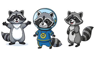 Obraz premium Raccoons pose with different poses and styles. Cartoon characters, animal mascot, wildlife, friendly, cute, playful, art, space.
