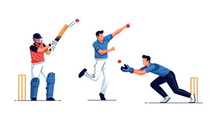 Obraz premium Dynamic Cricket Action: A vibrant illustration captures the essence of cricket, showcasing a batter, bowler, and wicketkeeper in full swing.