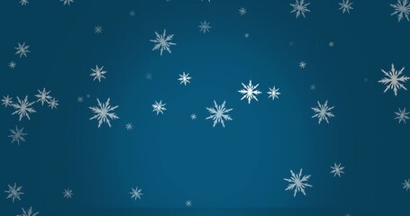 Digital animation of snowflakes icons falling against copy space on blue background - Powered by Adobe