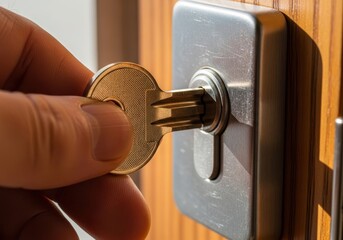 Close up of a hand inserting a key into a lock on a wooden door.
