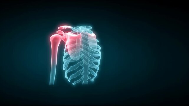 The image is a close up of a person's shoulder with a red and blue glow. The shoulder is a skeleton shoulder with a red and blue glow, giving it a futuristic and otherworldly appearance