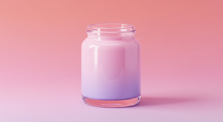 Delightful pink and purple gradient liquid fills a clear glass jar against soft pastel background