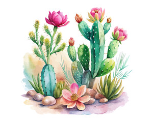 Watercolor Cactus and Desert Plants with Pink Flowers Isolated on White