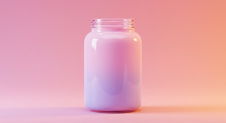 Smooth pink liquid fills a clear glass jar against a soft gradient background, perfect for health drinks or cosmetic products