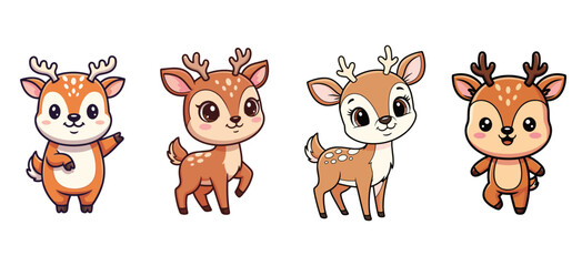 Cute cartoon deer poses, playful art. Whimsical animal characters, happy reindeer, vector design.
