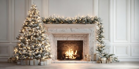 A cozy living room with a fireplace and a Christmas tree.