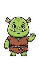 Obraz premium Cartoon ogre waves hello, smiling character. Fantasy, monster, friendly, fairytale, creature, cute, mythical, troll, animated, green skin, illustration.