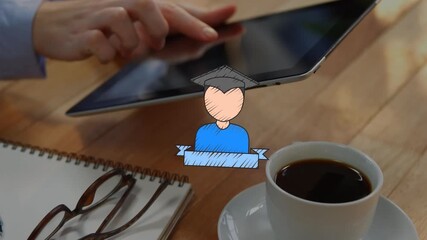 Animation of student icons over person using laptop - Powered by Adobe