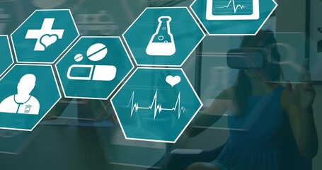 Animation of medical icons over women using vr headset - Powered by Adobe