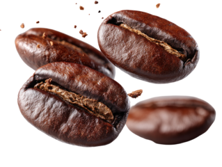 Close-up of coffee beans in mid-air, with scattered coffee grounds