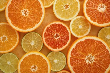 Fototapeta premium Top-Down Close-Up of Various Halved Citrus Fruits Arranged on a Wooden Board