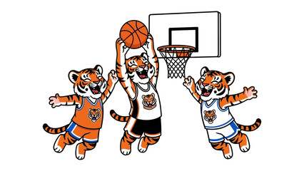 Fototapeta premium Tigers in Action: A lively illustration showcasing a team of tiger mascots in a spirited basketball game, capturing the excitement of sports and teamwork.