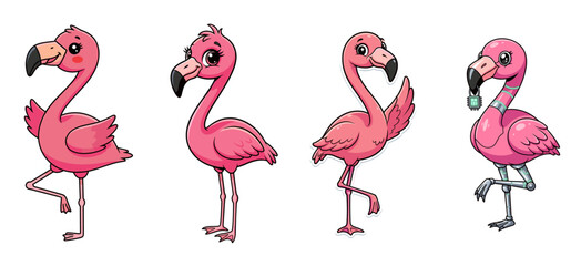 Obraz premium Cartoon flamingos stand in a row, last is robotic. Robotics, ai, animation, pink, flamingo, bird, cute, future, technology, design, artificial intelligence