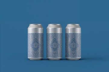 Three sleek, minimalist aluminum containers displayed on a blue backdrop in an artistic arrangement. Beverage advertisement mockup perfect for branding and marketing.
