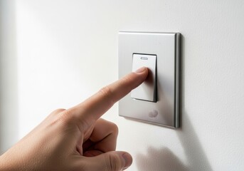 Hand Pressing a Modern Light Switch on a White Wall.