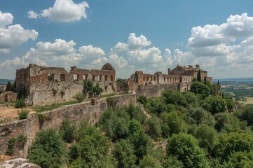 Fototapeta premium Ancient fortress remains surrounded by lush greenery