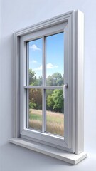 White window with clear glass overlooking a vibrant green field and blue sky. Bright, serene outdoor view from indoors.