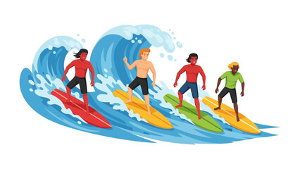 Riders on the Crest: Four surfers, each a silhouette against the wave, ride the ocean's power, the image captures the excitement and freedom of a perfect day.