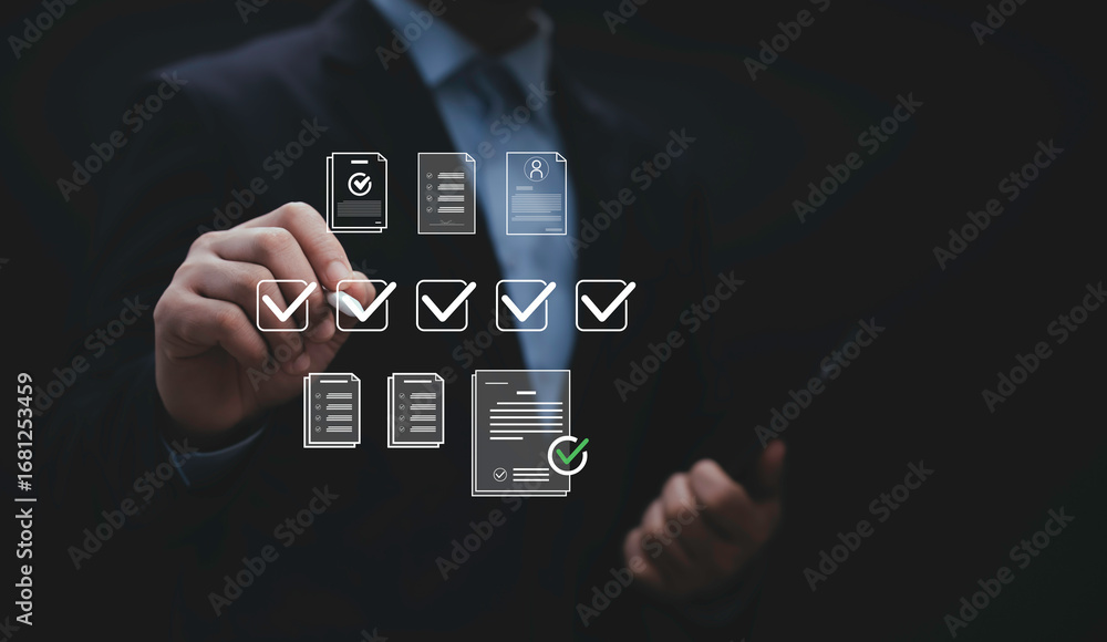 Fototapete businessman checking digital checklist with document icons and approval marks for project management