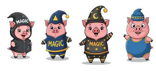 Pigs dressed as wizards are standing. Cartoon pig, magic animal, costume, fantasy, witchcraft, adorable, happy, illustration, mystical, fairytale, charm, dreamlike