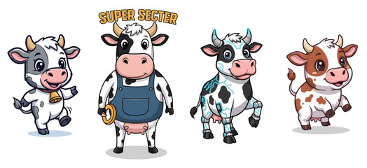 Cartoon cows pose, one is a cyborg and one has a tool. Animal characters, farm mascot, vector art, cute, fun, farm, illustration, cartoon, digital art