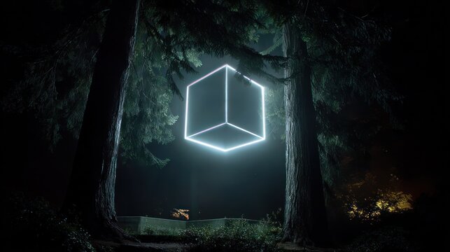 Glowing cube in dark forest - Powered by Adobe