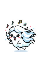 Happy ghost dances with music notes. Kawaii, cartoon, spooky, cute, floating, paranormal, character, illustration, fun