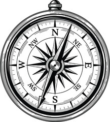 Compass: A highly detailed line art illustration of a vintage nautical compass, with intricate markings and a star-like center.
