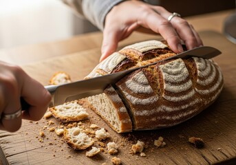 Hands slicing a fresh loaf of artisanal sourdough bread on a wooden cutting board.
