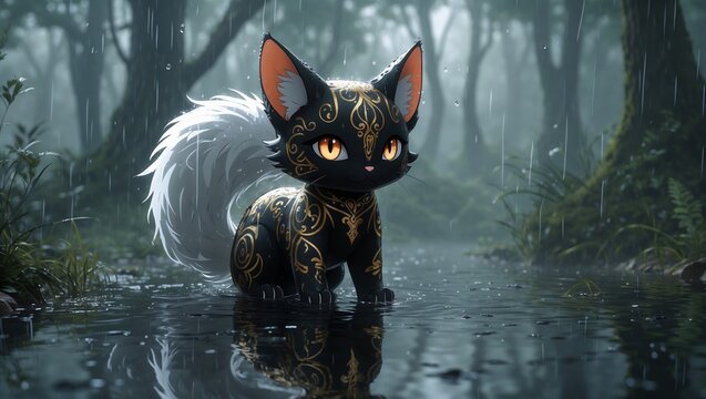 Photorealistic anime fantasy: adorable feline with pointed ears, fluffy white tail, black-gold patterns, glowing eyes in a rainy foggy forest. Raindrops shimmer on reflective surfaces.