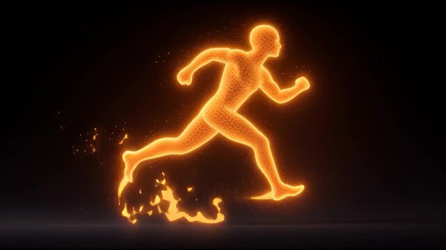 A man is running in the dark with a glowing body. Concept of energy and movement